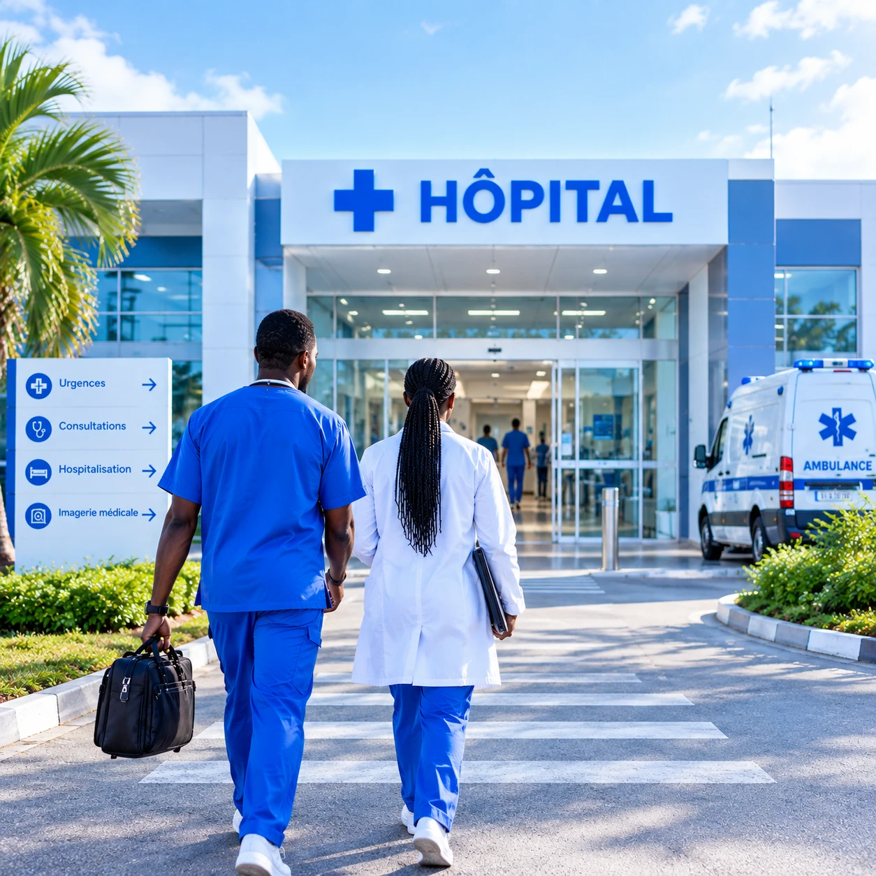 Personnel médical se dirigeant vers l'entrée d'un hôpital
